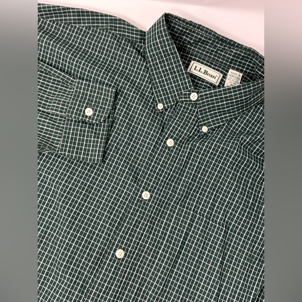 LL Bean Mens Button Up Shirt Green Check Sz XL Long Sleeve Cotton Blend S1